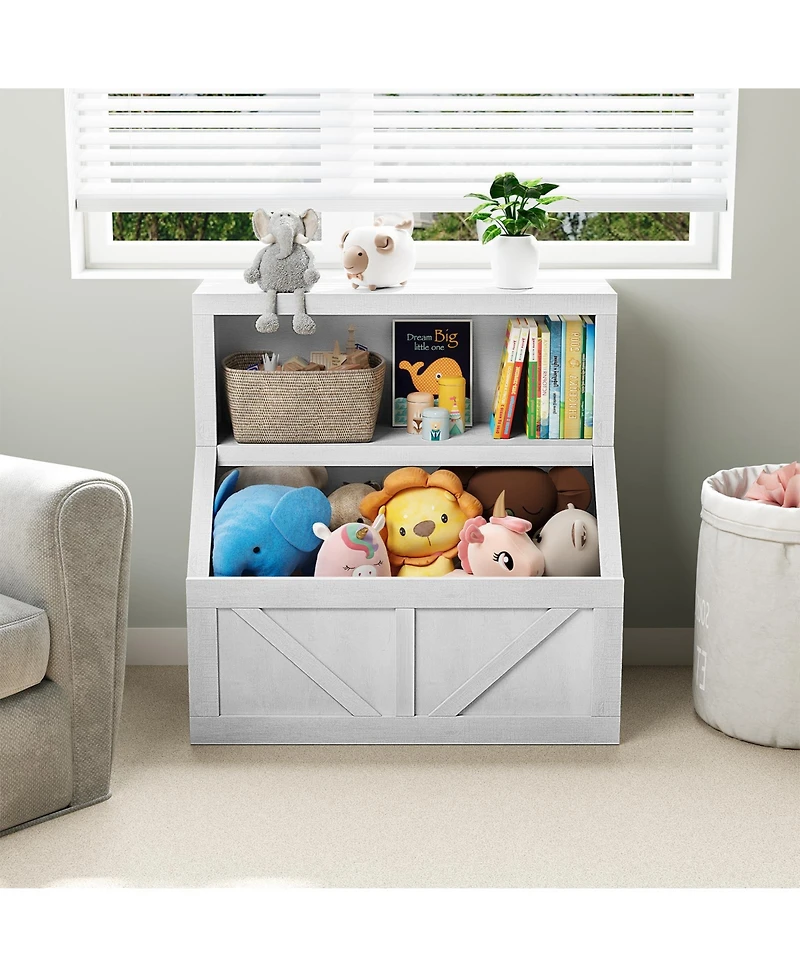 homfan Kids Bookshelf and Toy Storage, 2 Tier Toy Organizer with Storage Cabinet, Toddler 2 Shelf Bookcase for Playroom, Living Room, Classroom