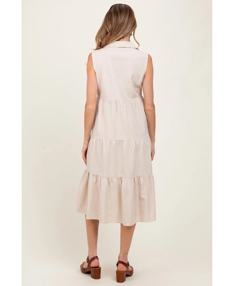 Pinkblush Maternity Cream Tiered Sleeveless Midi Shirt Dress