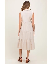 Pinkblush Maternity Cream Tiered Sleeveless Midi Shirt Dress