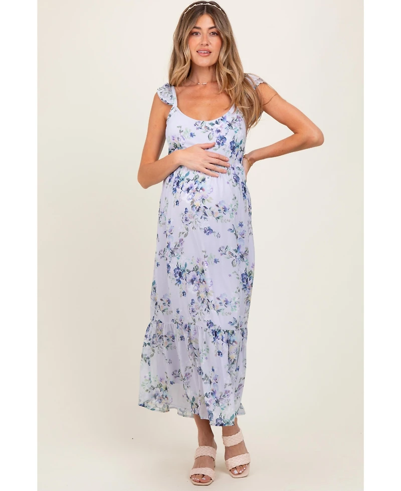 Pinkblush Maternity Lilac Floral Textured Open Back Tie Maxi Dress