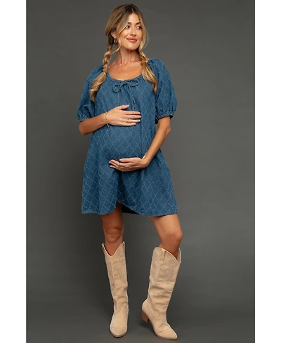 Pinkblush Maternity Navy Chambray Jacquard Puff Sleeve Mini Dress