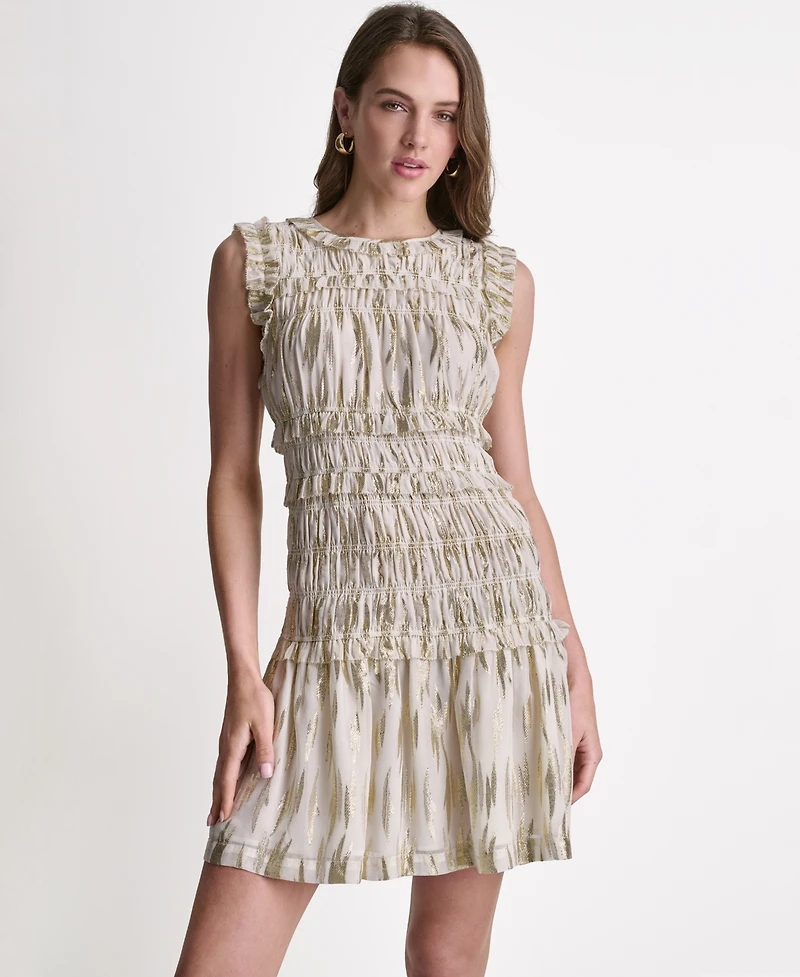 Bcbg Women's Sleeveless Smocked Gold Foil Ruffle Mini Dress