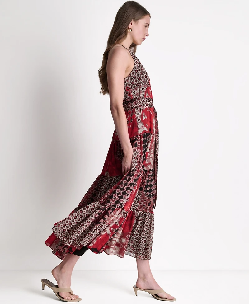 Bcbg Women's Patchwork Chiffon Halter Maxi Dress with Tiered Skirt