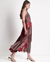 Bcbg Women's Patchwork Chiffon Halter Maxi Dress with Tiered Skirt