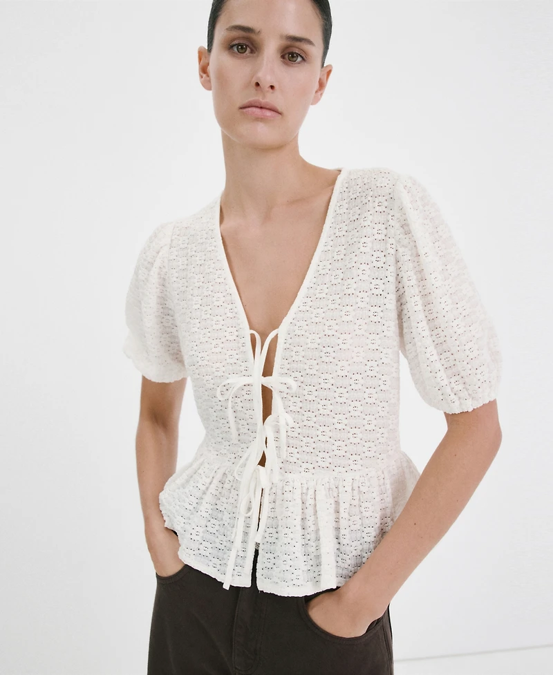 Mango Women's Bows Floral Embroidery Blouse