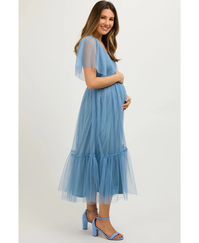 Pinkblush Maternity Dotted Tulle Smocked Midi Dress