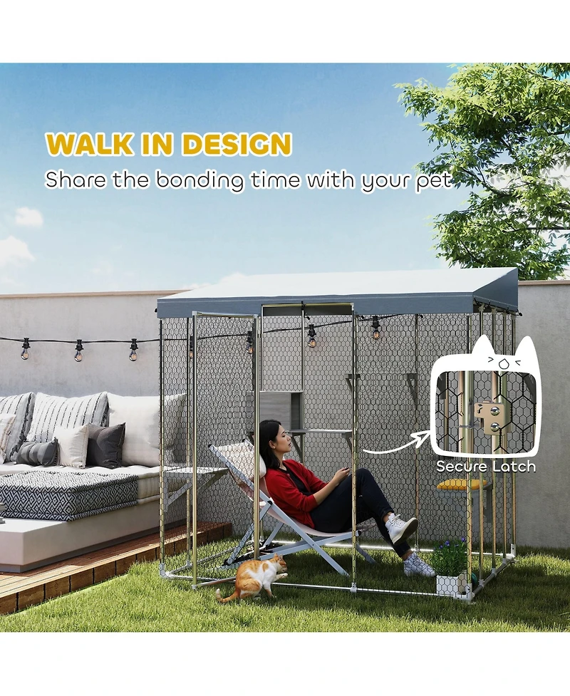 PawHut 79" Large Catio, Galvanized Steel Outdoor Cat Enclosure with Canopy