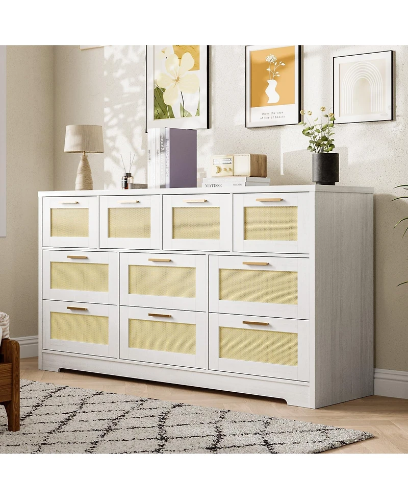 gaomon 10 Drawer Rattan Dresser for Bedroom, Modern Farmhouse Wooden Storage Cabinet with Handles