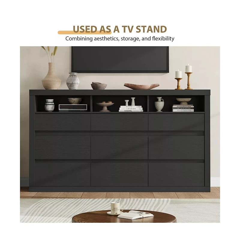 gaomon 9 Drawer Modern Wooden Dresser with 3 Open Shelves, Handleless Storage Chest for Bedroom Living Room