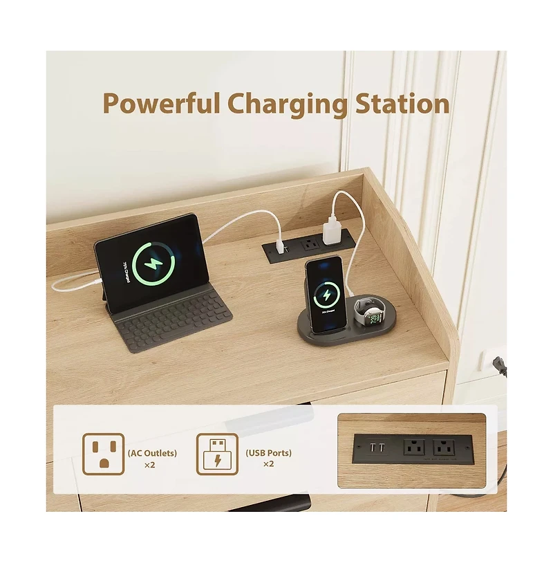 gaomon 6 Drawer Dresser with Power Outlets and Usb Ports Wide Modern Wooden Storage Chest for Bedroom