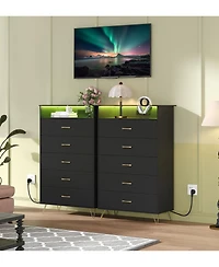 gaomon Tall 5 Drawer Dresser with Rgb Led Lights and Charging Station, Wood Storage Cabinet for Bedroom