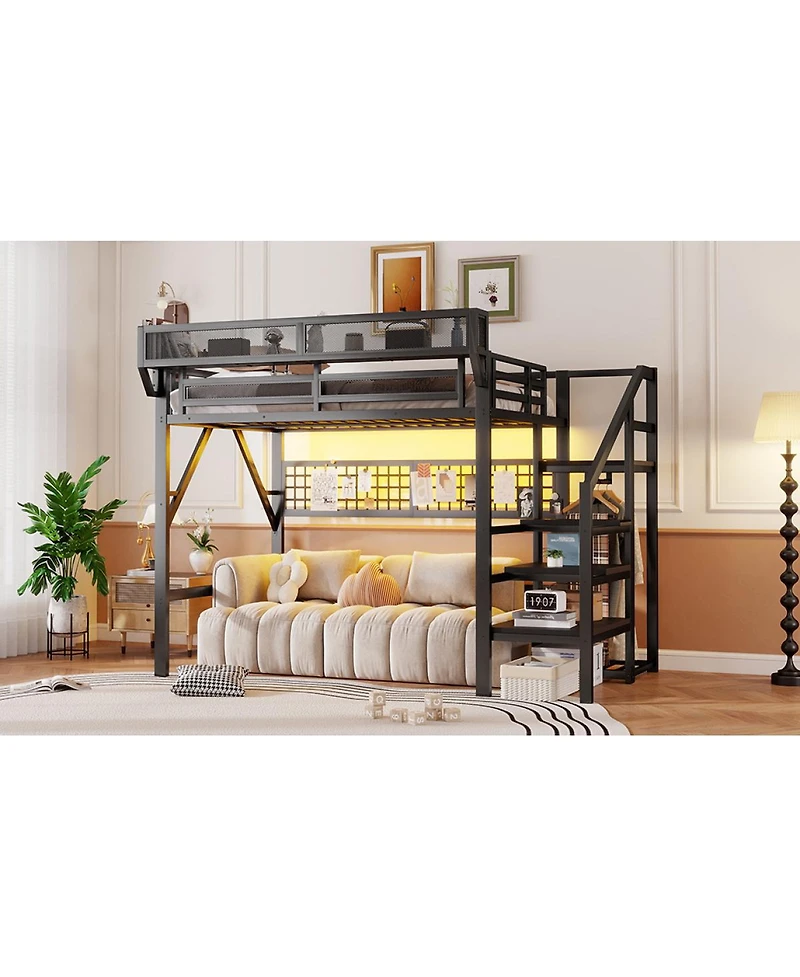Streamdale Furniture Metal Full Loft Bed with Stairs, Light and Storage