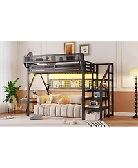 Streamdale Furniture Metal Full Loft Bed with Stairs, Light and Storage