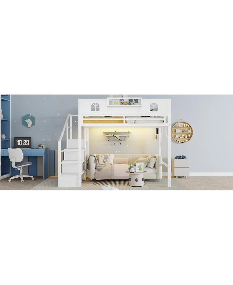 Streamdale Furniture Metal Full Loft Bed with Stairs and Wardrobe
