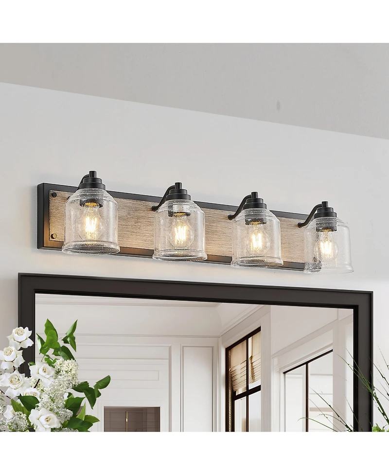 Busdays 32 Inch Farmhouse Vanity Light Fixture 4 Light Bathroom Wall Sconce with Clear Seeded Glass Shades and Wood Grain Finish