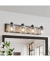 Busdays 32 Inch Farmhouse Vanity Light Fixture 4 Light Bathroom Wall Sconce with Clear Seeded Glass Shades and Wood Grain Finish