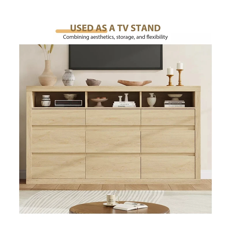 gaomon 9 Drawer Modern Wooden Dresser with 3 Open Shelves, Handleless Storage Chest for Bedroom Living Room
