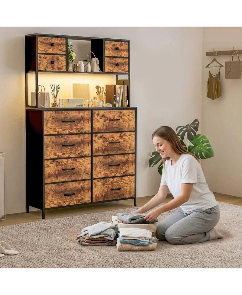 gaomon 12 Drawer Fabric Dresser with Led Lights and Power Outlet, Storage Organizer with Open Shelves