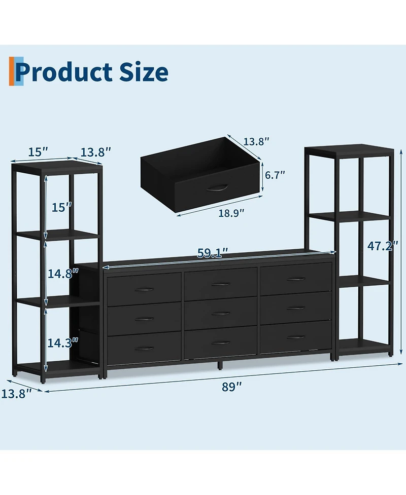 gaomon 89" Tv Stand with 9 Fabric Drawers and 4-Tier Shelves, Modern Entertainment Center for TVs up to 75"