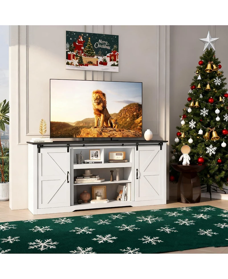 gaomon 70" Farmhouse Tv Stand for TVs up to 80", Entertainment Center with Sliding Barn Doors, Shelves and Charging Ports