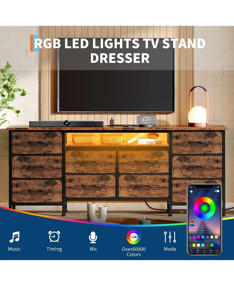 gaomon Tv Stand Dresser with 10 Fabric Drawers for TVs, Entertainment Center with Led Lights and Power Outlets