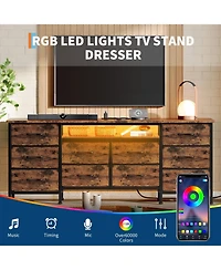 gaomon Tv Stand Dresser with 10 Fabric Drawers for TVs, Entertainment Center with Led Lights and Power Outlets