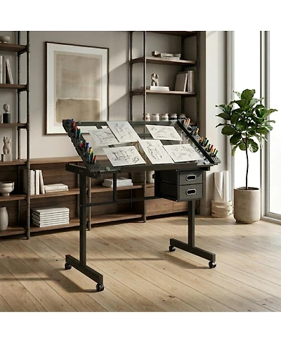 Streamdale Furniture Adjustable Art Desk With 2 Drawers and 4 Wheels