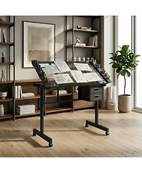 Streamdale Furniture Adjustable Art Desk With 2 Drawers and 4 Wheels