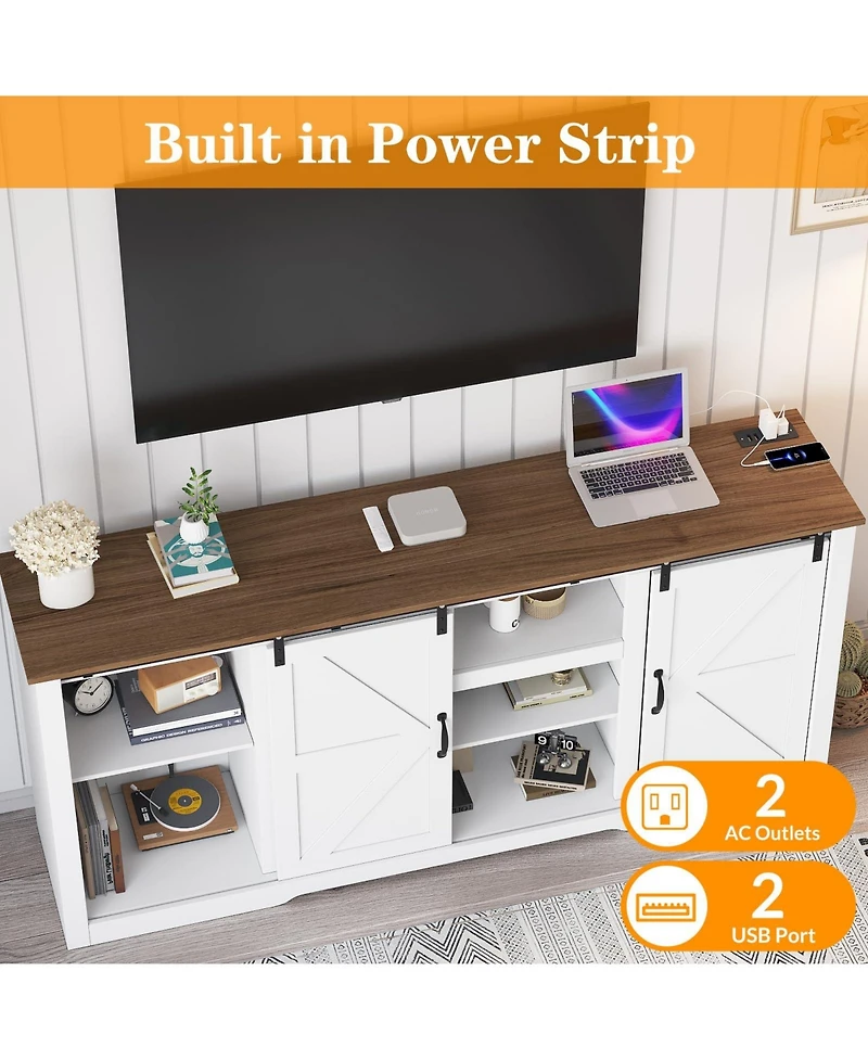 gaomon 70" Farmhouse Tv Stand for TVs up to 80", Entertainment Center with Sliding Barn Doors, Shelves and Charging Ports