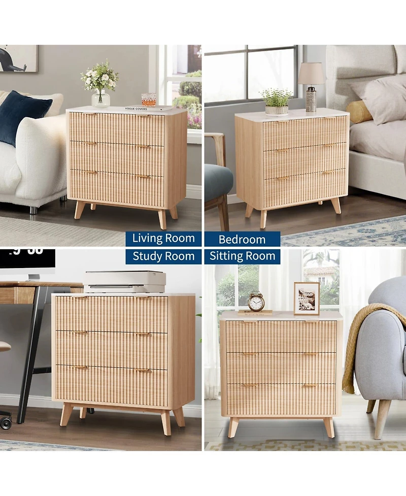 homfan Wide Fluted Nightstands Set of 2 with Faux Marble Top and Curved Profile, 3-Drawer Large Bedside Table for Bedroom, Living Room and Hallway