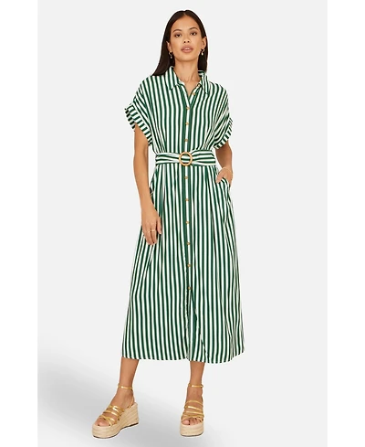 Yumi Women's Stripe Print Belted Midi Shirt Dress