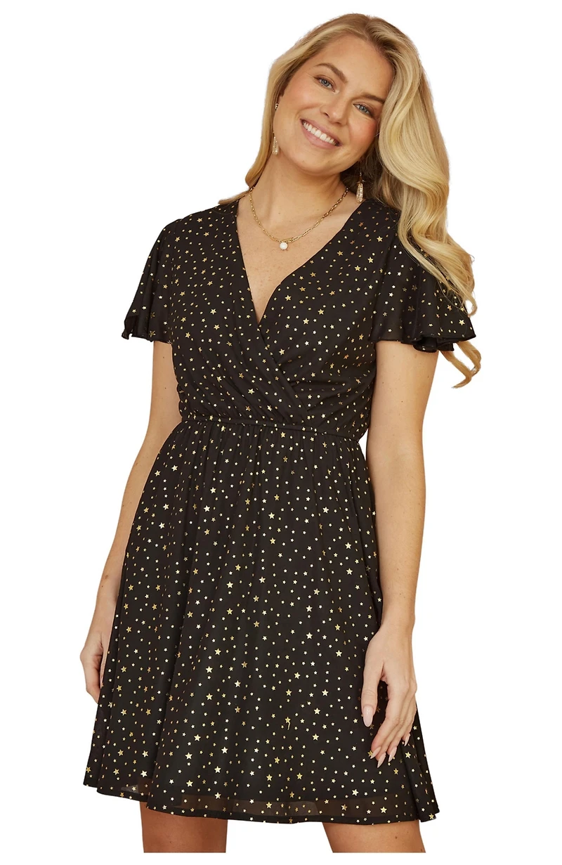 Yumi Women's Skater Dress With Mini Star Foil Print