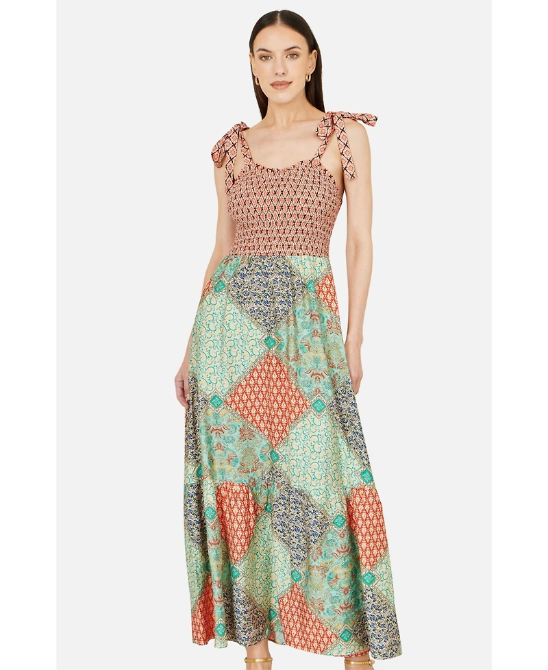 Yumi Women's Viscose Patchwork Ruched Maxi dress