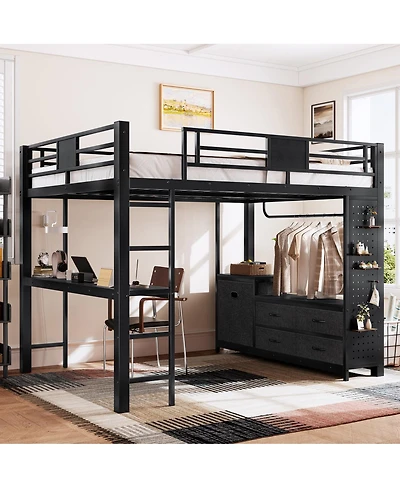 Streamdale Furniture Queen Loft Bed w/ Desk, Shelves, Pegboard, Laundry Bag