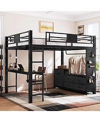 Streamdale Furniture Queen Loft Bed w/ Desk, Shelves, Pegboard, Laundry Bag