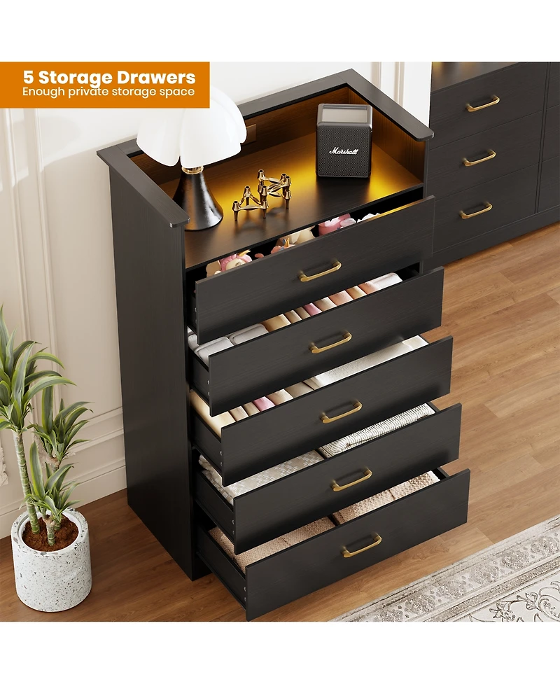 gaomon 5-Drawer Wooden Dresser with Led Lights and Power Outlet, Modern Closet Storage Cabinet for Bedroom, Living Room