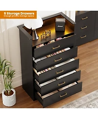 gaomon 5-Drawer Wooden Dresser with Led Lights and Power Outlet, Modern Closet Storage Cabinet for Bedroom, Living Room