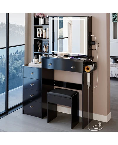 Streamdale Furniture 37 inches Vanity Table Stool, Led Mirror, 2AC 2USB, Hair Dryer Stand