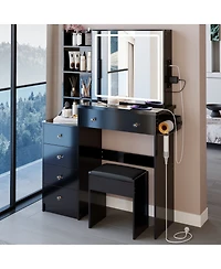 Streamdale Furniture 37 inches Vanity Table Stool, Led Mirror, 2AC 2USB, Hair Dryer Stand