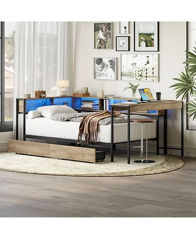 Streamdale Furniture Full Bed w/Bookcase, Led, Charging, Storage