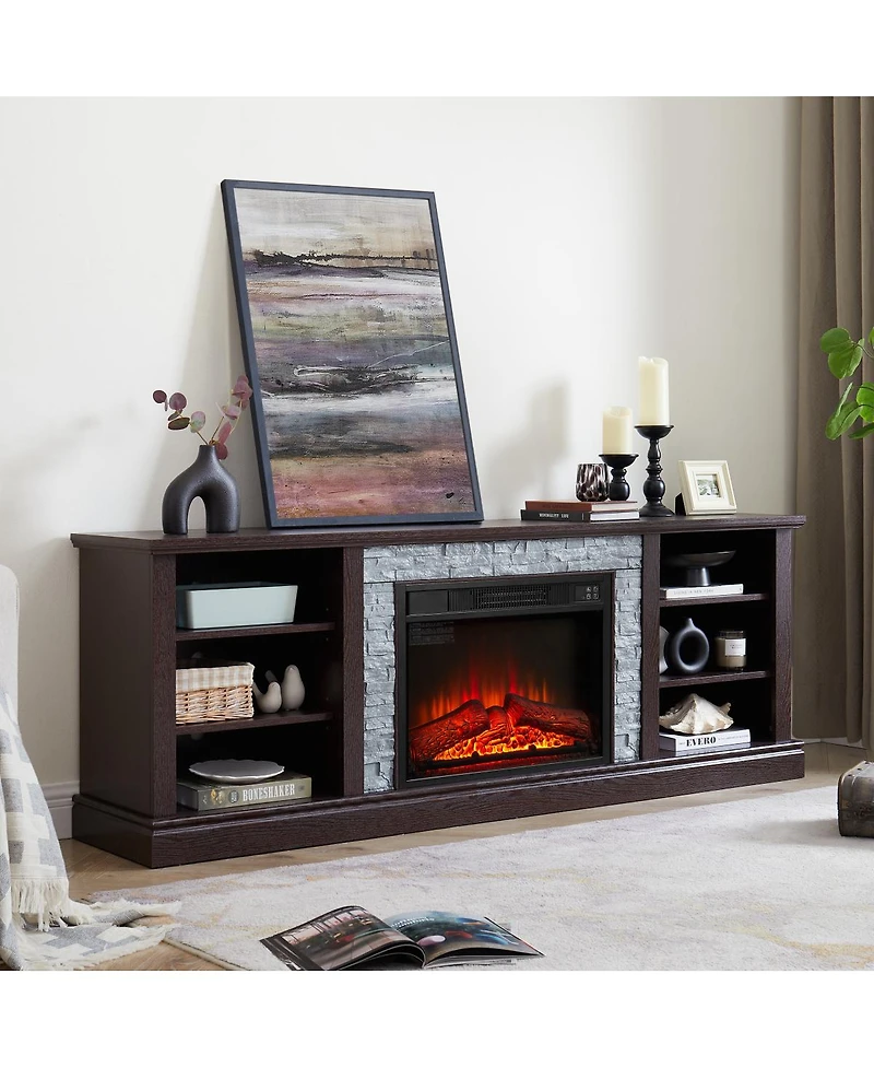 Streamdale Furniture Large Tv Desk Storage Rack with Faux Stacked Stone Surround, Media Console Table