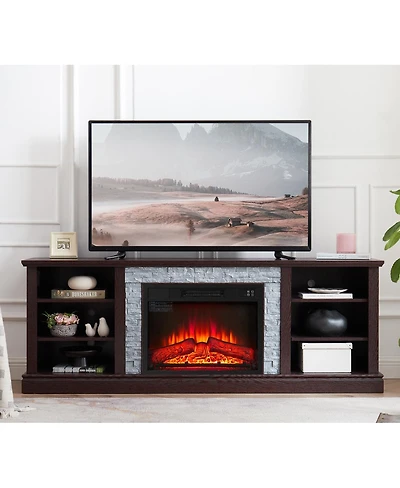 Streamdale Furniture Large Tv Desk Storage Rack with Faux Stacked Stone Surround, Media Console Table