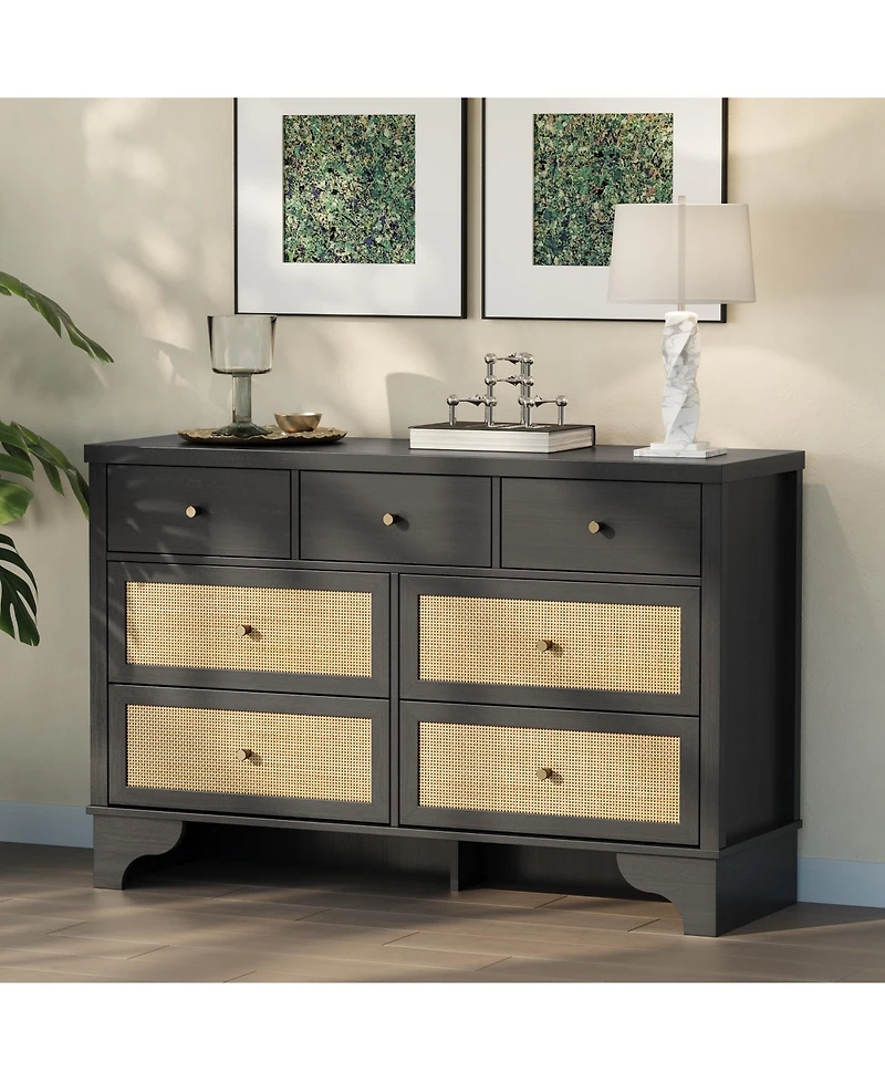 homfan Bohemian Natural Rattan Dresser with Multiple Storage Drawers and Anti-Tip Design - Versatile Chest for Bedroom, Living Room Entryway