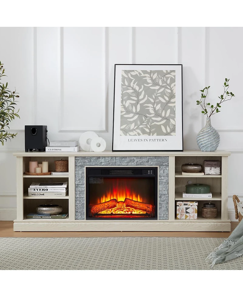Streamdale Furniture Large Faux Stacked Stone Tv Media Console with Fireplace Insert