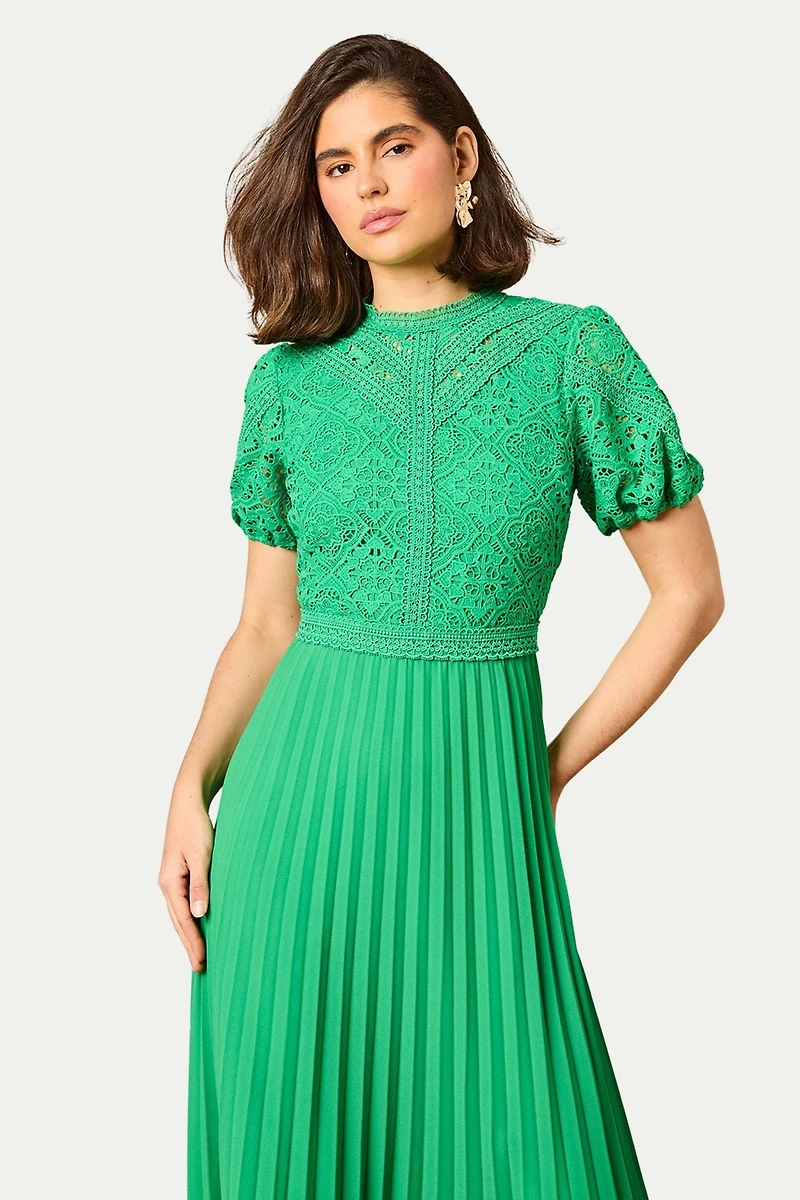 Oasis Women's Lace Puff Sleeve Pleated Midi Dress