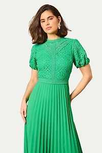Oasis Women's Lace Puff Sleeve Pleated Midi Dress