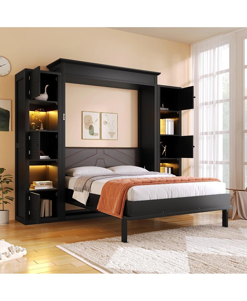 Streamdale Furniture Murphy Bed with Led Lights and Storage Shelves