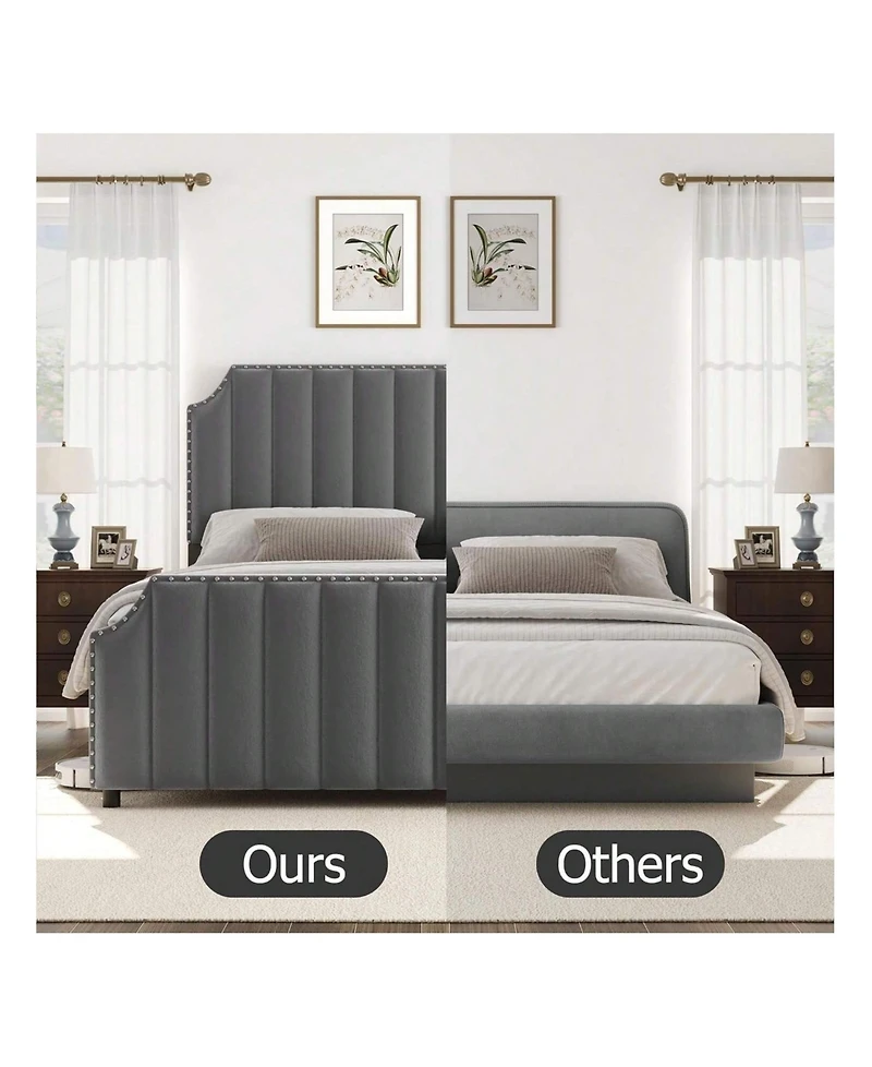 gaomon Queen Platform Bed Frame, Velvet Upholstered, 50.2" Vertical Channel Tufted Headboard & Footboard