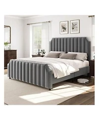 Gaomon Queen Platform Bed Frame Velvet Upholstered 50.2 Vertical Channel Tufted Headboard Footboard Nailhead Trim