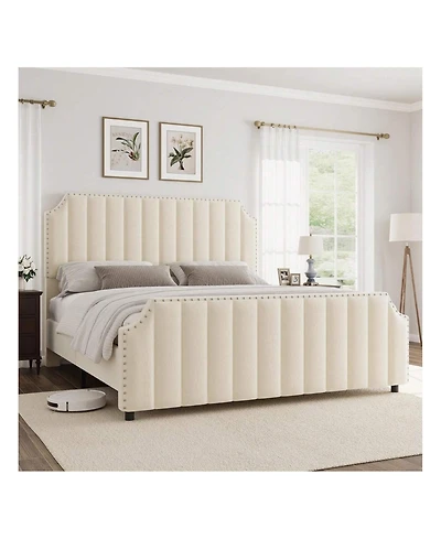 gaomon Queen Platform Bed Frame, Velvet Upholstered, 50.2" Vertical Channel Tufted Headboard & Footboard, Nailhead Trim